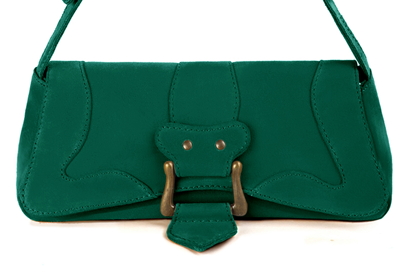 Emerald green women's dress handbag, matching pumps and belts. Profile view - Florence KOOIJMAN